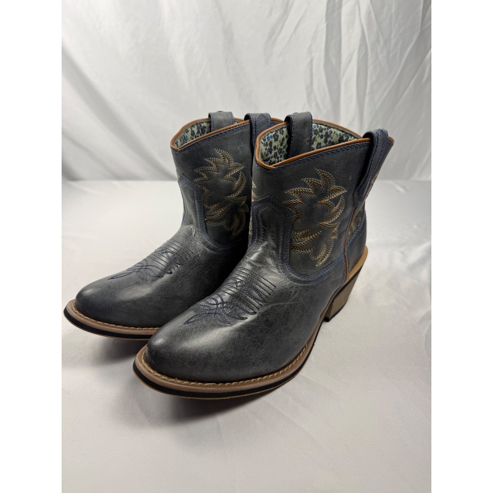 Laredo Women's 8.5 M Blue Leather Western Cowboy Ankle Boots Embroidered